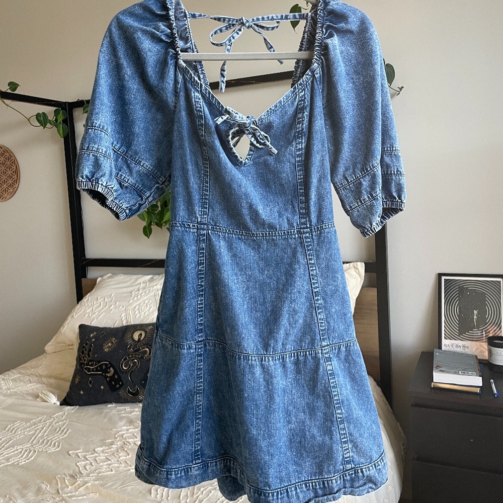 H&M Denim Mini Dress with Puff Sleeves
